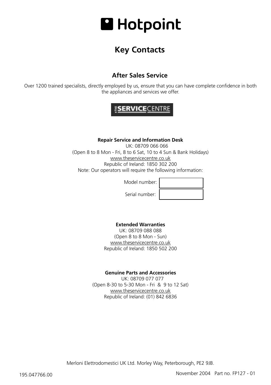 Key contacts, After sales service | Hotpoint HL161AI User Manual | Page 12 / 12