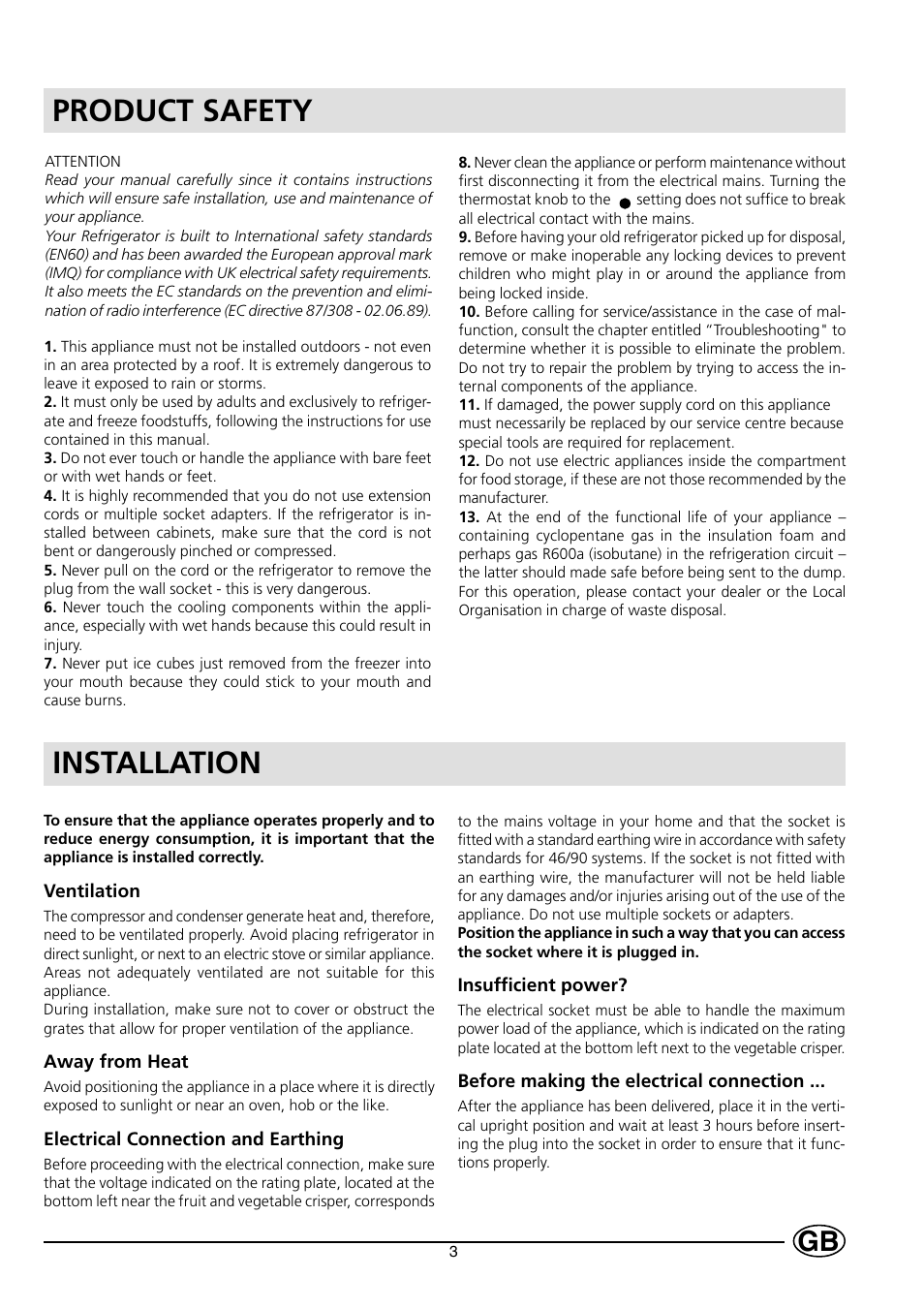 Installation, Product safety | Hotpoint HL161AI User Manual | Page 3 / 12