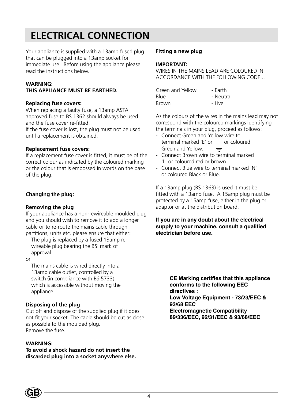 Electrical connection | Hotpoint HL161AI User Manual | Page 4 / 12