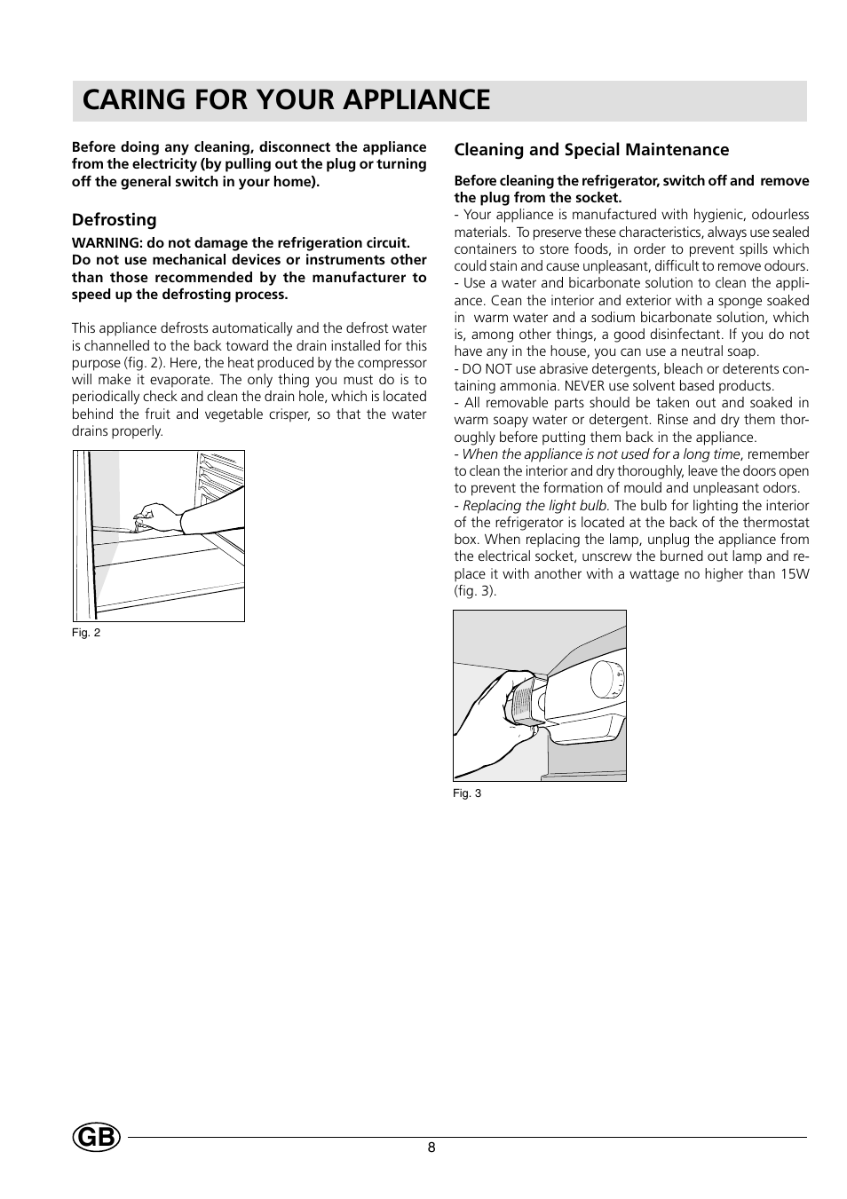 Caring for your appliance | Hotpoint HL161AI User Manual | Page 8 / 12
