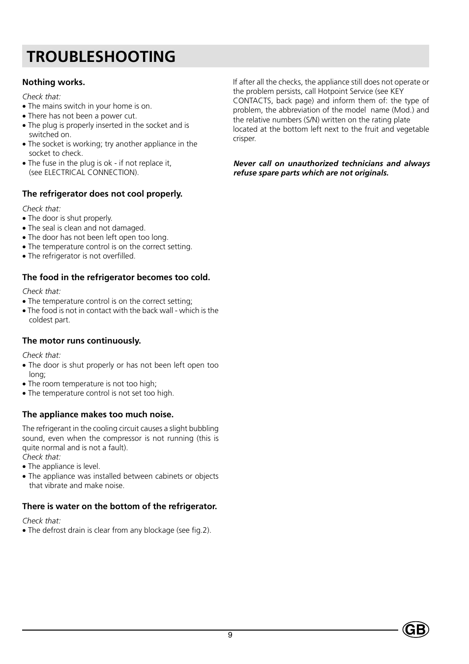 Troubleshooting | Hotpoint HL161AI User Manual | Page 9 / 12
