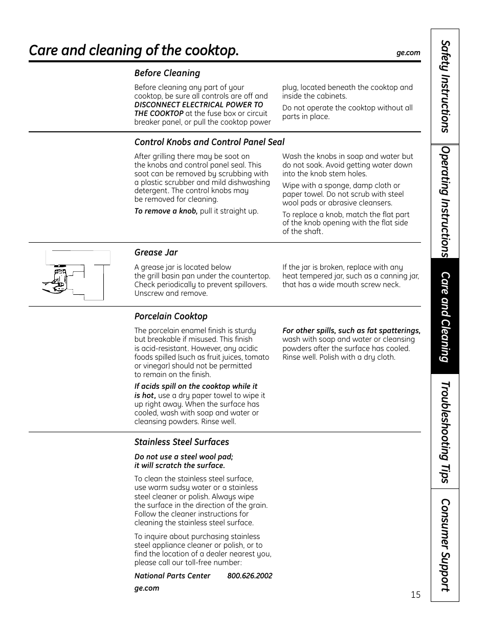 Control knobs and control panel seal, Grease jar, Porcelain cooktop | Stainless steel surfaces, Control knobs and control panel seal grease jar, Care and cleaning of the cooktop | Hotpoint VBXR1060 User Manual | Page 15 / 80