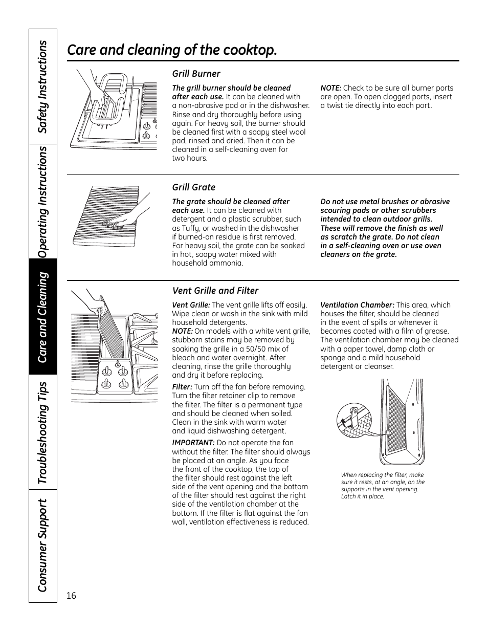 Grill burner, Grill grate, Vent grille and filter | Grill burner grill grate, Care and cleaning of the cooktop | Hotpoint VBXR1060 User Manual | Page 16 / 80