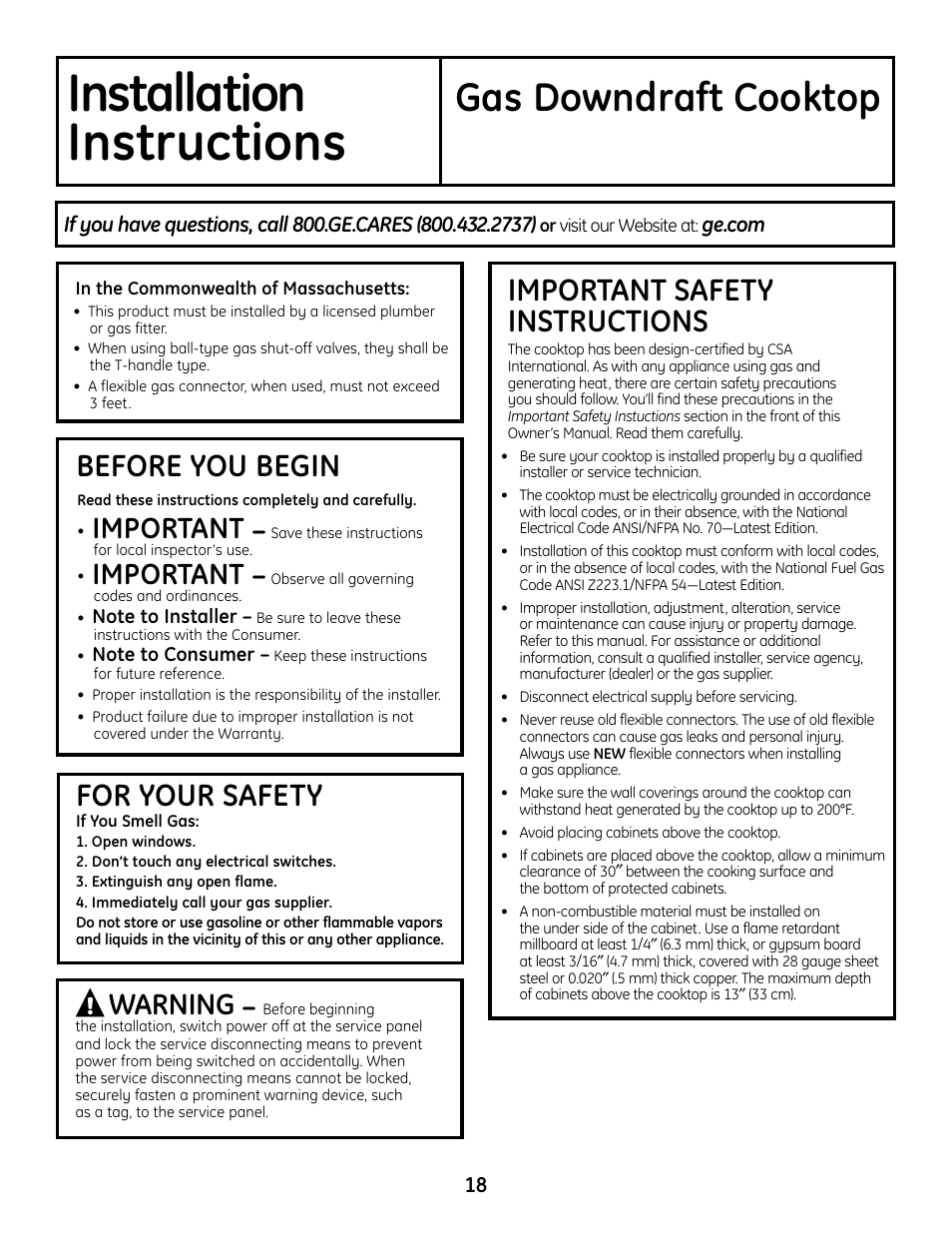 Installation instructions, Installation, Instructions | Gas downdraft cooktop, Important safety instructions, For your safety, Before you begin, Important, Warning | Hotpoint VBXR1060 User Manual | Page 18 / 80