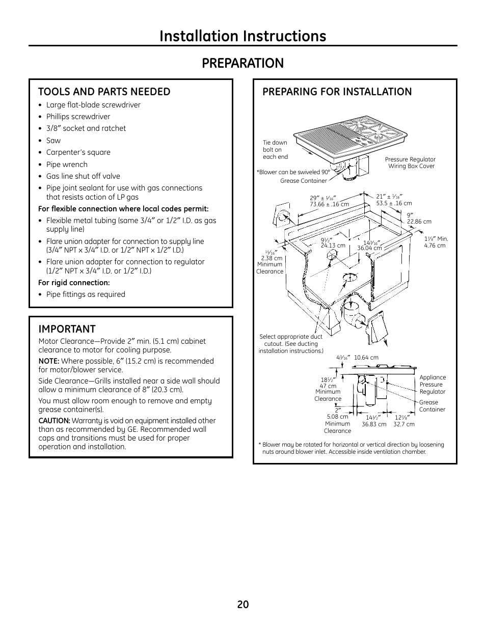 Installation instructions, Preparation, Preparing for installation | Tools and parts needed, Important | Hotpoint VBXR1060 User Manual | Page 20 / 80