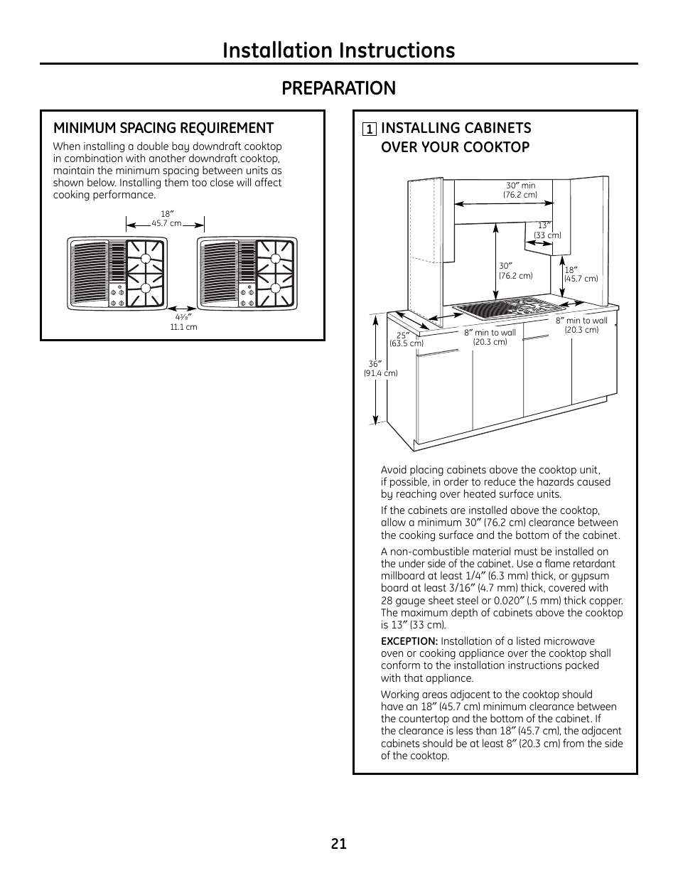 Installation instructions, Preparation, Installing cabinets over your cooktop | Minimum spacing requirement | Hotpoint VBXR1060 User Manual | Page 21 / 80