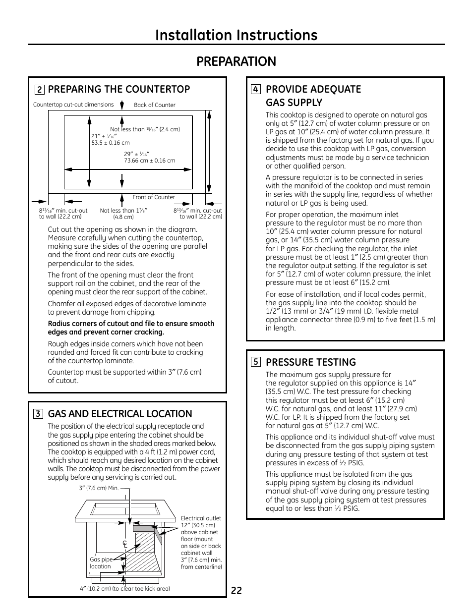 Installation instructions, Preparation, Gas and electrical location | Preparing the countertop, Provide adequate gas supply, Pressure testing | Hotpoint VBXR1060 User Manual | Page 22 / 80