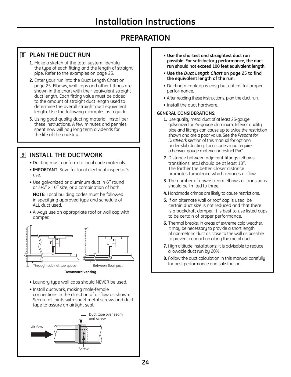 Installation instructions, Preparation, Install the ductwork | Plan the duct run | Hotpoint VBXR1060 User Manual | Page 24 / 80