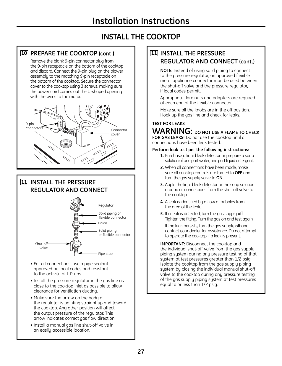 Installation instructions, Warning, Install the cooktop | Install the pressure regulator and connect, Prepare the cooktop | Hotpoint VBXR1060 User Manual | Page 27 / 80