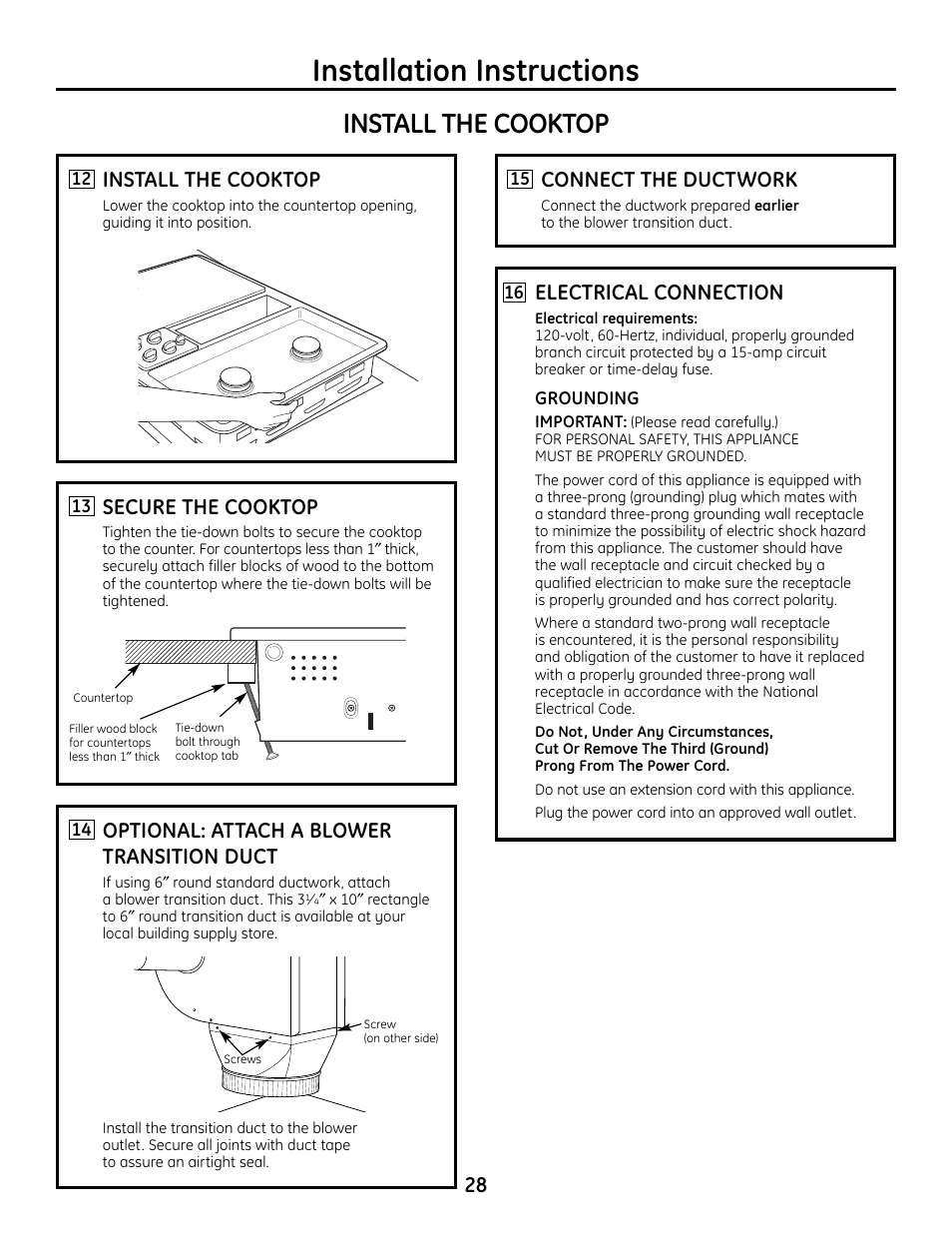 Installation instructions, Install the cooktop, Electrical connection | Secure the cooktop, Optional: attach a blower transition duct, 28 connect the ductwork | Hotpoint VBXR1060 User Manual | Page 28 / 80