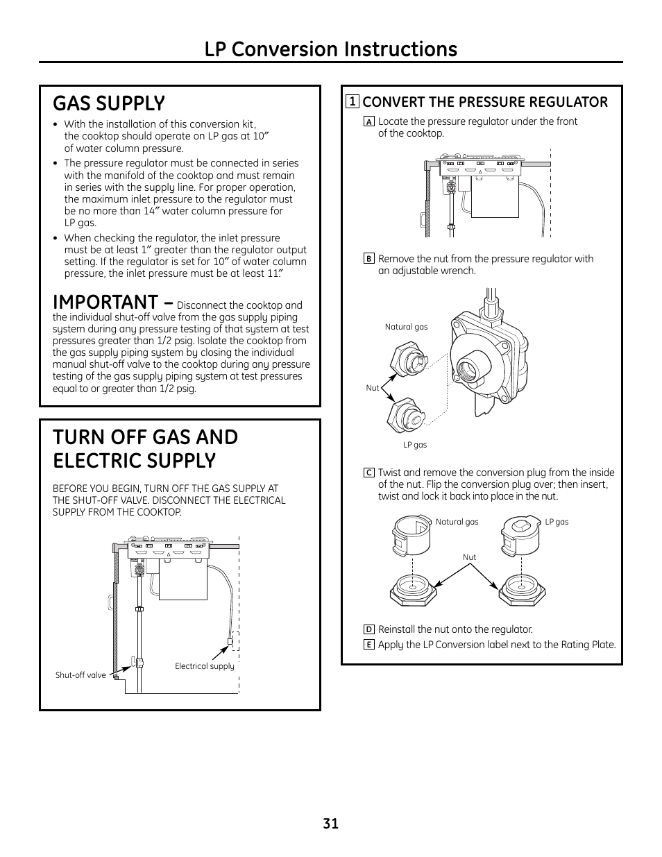 Lp conversion instructions, Gas supply, Turn off gas and electric supply | Important, Convert the pressure regulator | Hotpoint VBXR1060 User Manual | Page 31 / 80