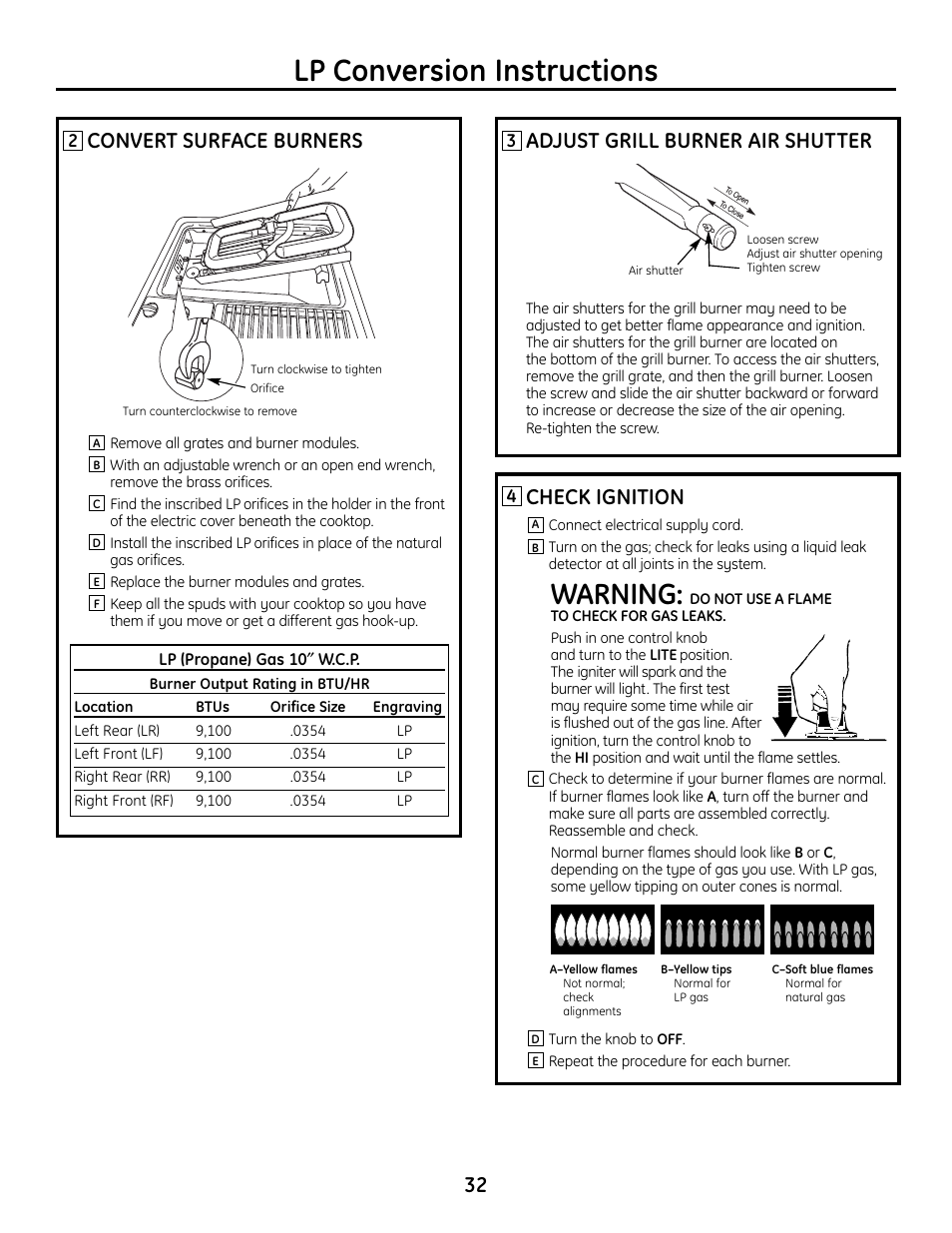 Lp conversion instructions, Warning, Convert surface burners | Adjust grill burner air shutter, Check ignition | Hotpoint VBXR1060 User Manual | Page 32 / 80