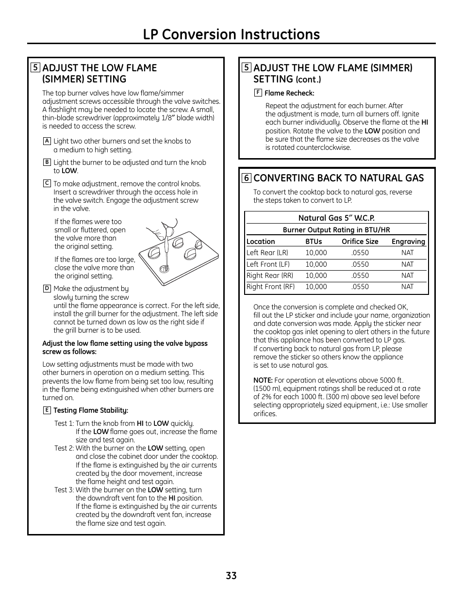 Lp conversion instructions, Adjust the low flame (simmer) setting, Converting back to natural gas | Hotpoint VBXR1060 User Manual | Page 33 / 80