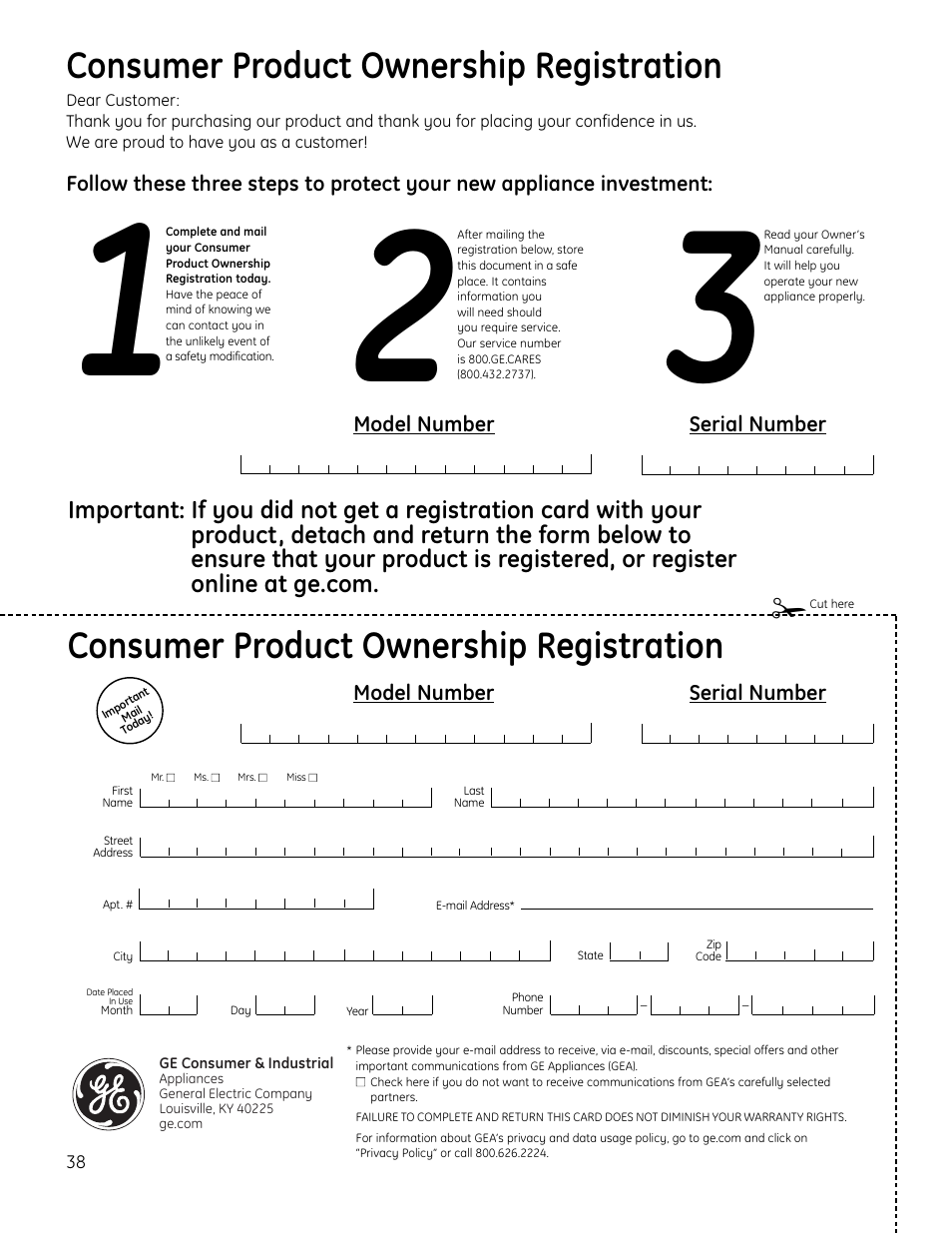 Consumer product ownership registration, Model number serial number | Hotpoint VBXR1060 User Manual | Page 38 / 80