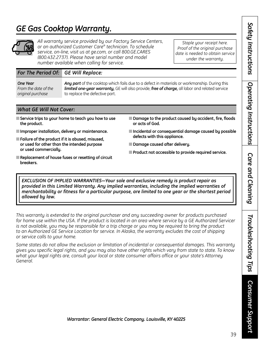 Warranty, Ge gas cooktop warranty | Hotpoint VBXR1060 User Manual | Page 39 / 80