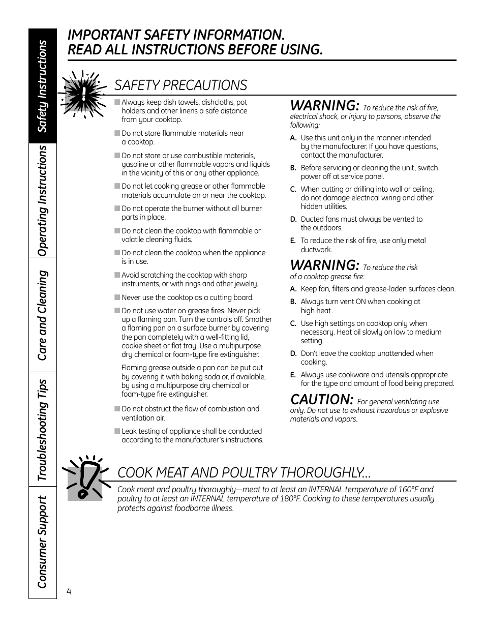 Warning, Caution, Safety precautions | Cook meat and poultry thoroughly | Hotpoint VBXR1060 User Manual | Page 4 / 80