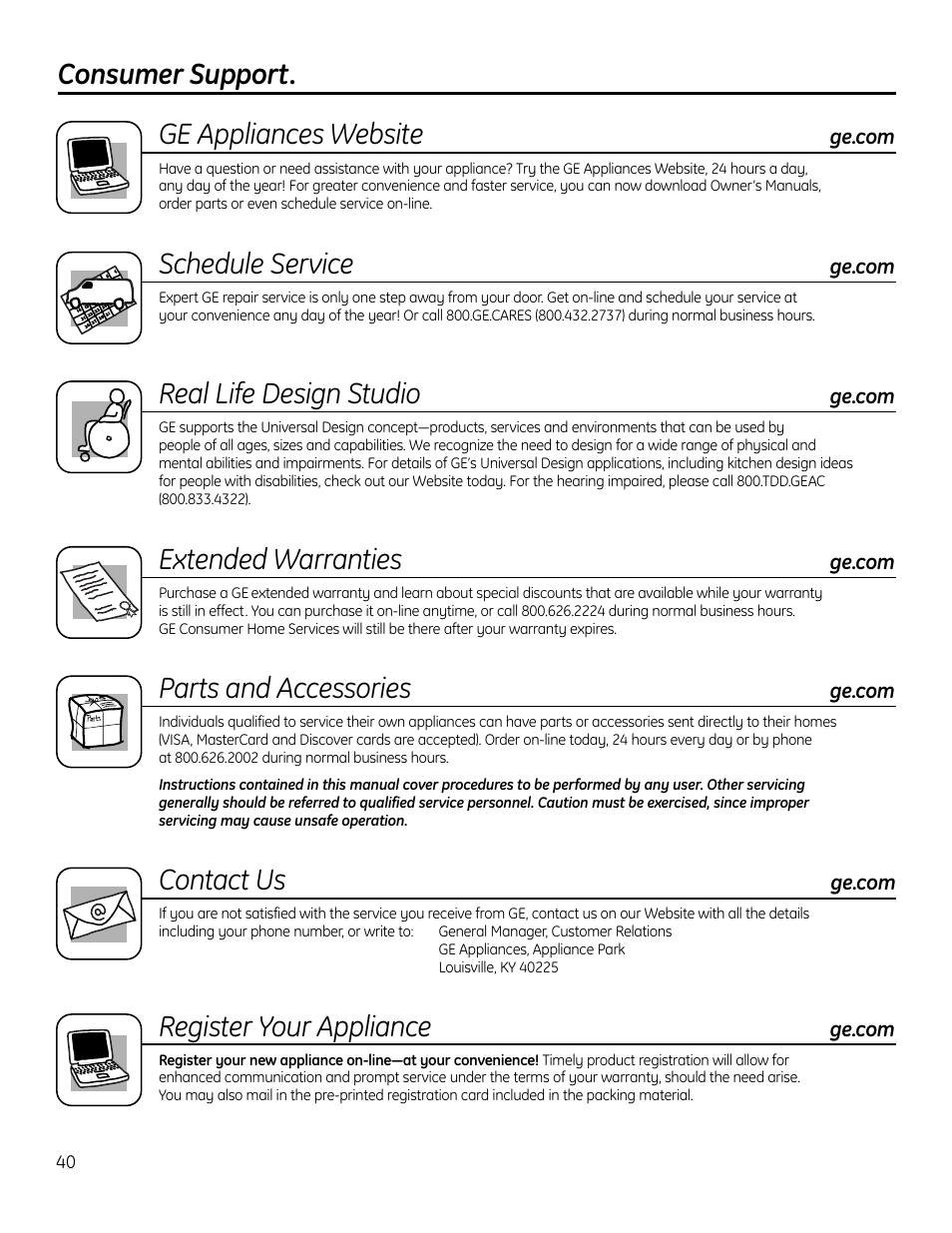 Consumer support, Consumer support. ge appliances website, Schedule service | Real life design studio, Extended warranties, Parts and accessories, Contact us, Register your appliance | Hotpoint VBXR1060 User Manual | Page 40 / 80