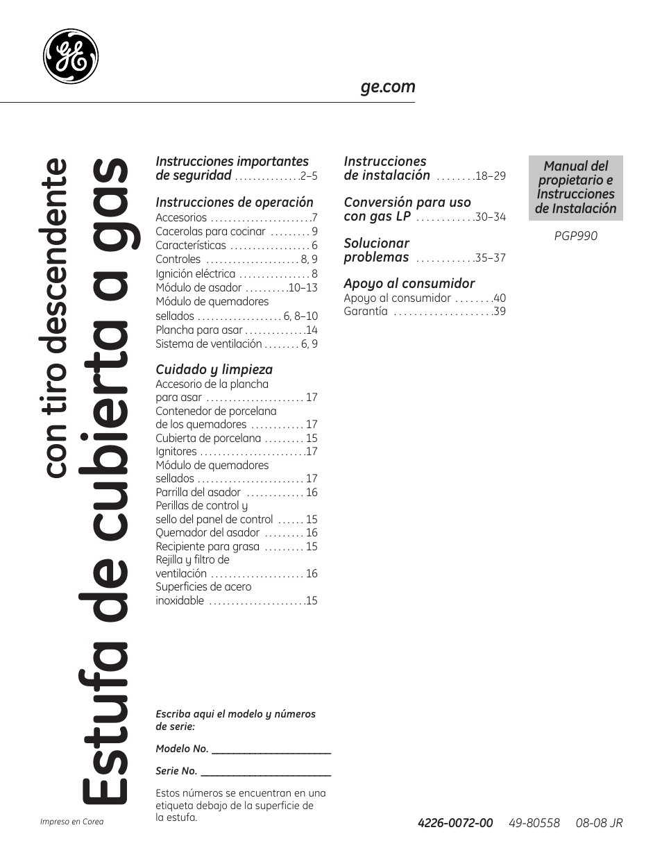 Spanish, Instrucciones de operación, Cuidado y limpieza | Apoyo al consumidor, Estufa de cubier ta a gas, Con tir o descendent e | Hotpoint VBXR1060 User Manual | Page 41 / 80