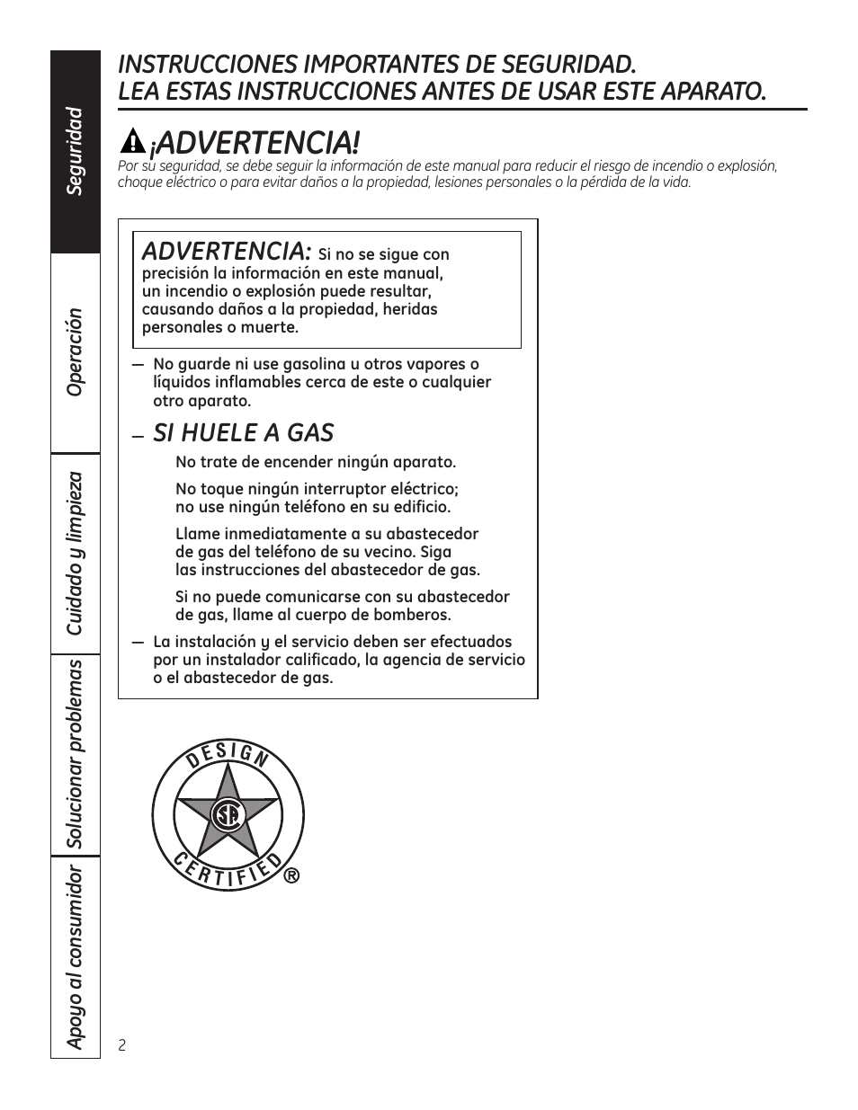 Instrucciones importantes de seguridad, Si huele a gas, Advertencia | Hotpoint VBXR1060 User Manual | Page 42 / 80