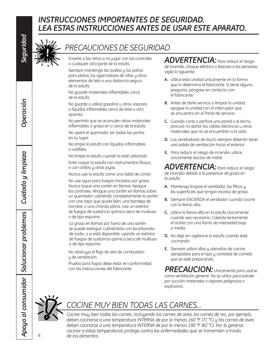 Advertencia, Precaucion, Precauciones de seguridad | Cocine muy bien todas las carnes | Hotpoint VBXR1060 User Manual | Page 44 / 80