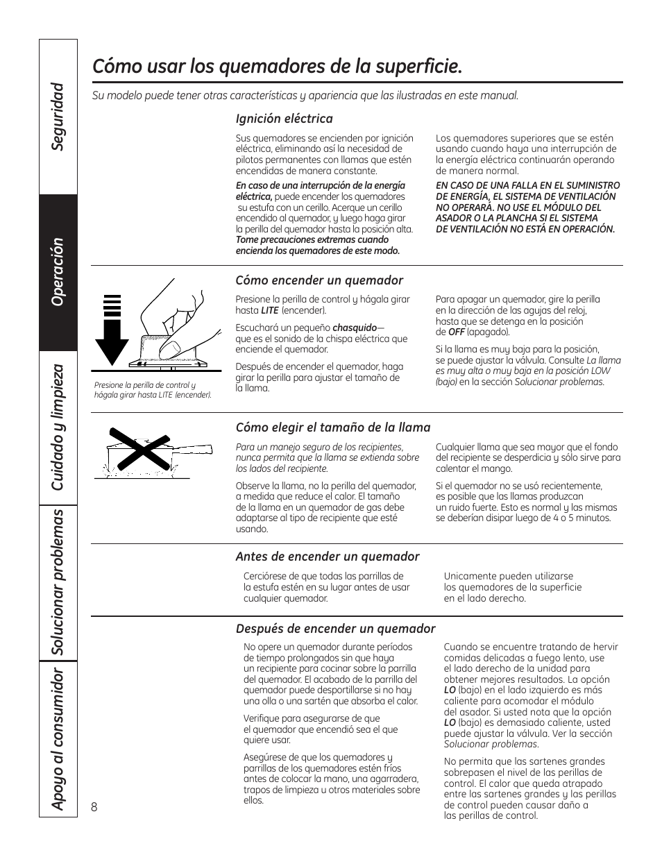 Controles, Ignición eléctrica, Controles , 9 ignición eléctrica | Cómo usar los quemadores de la superficie | Hotpoint VBXR1060 User Manual | Page 48 / 80