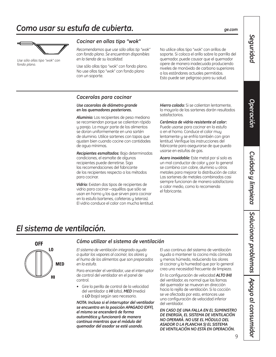 Cacerolas para cocinar, Como usar su estufa de cubierta, El sistema de ventilación | Hotpoint VBXR1060 User Manual | Page 49 / 80