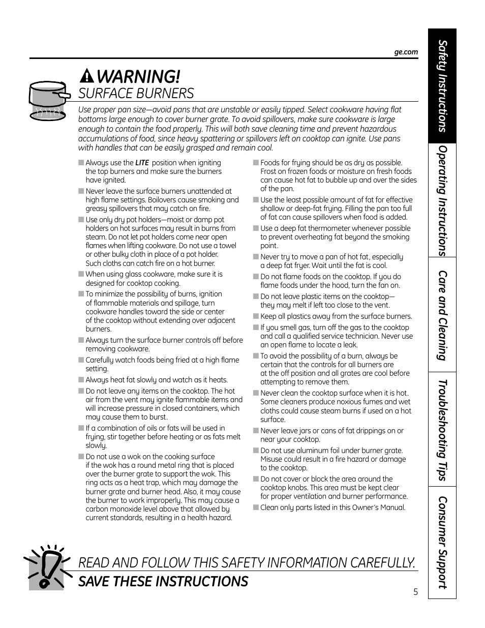 Warning, Surface burners | Hotpoint VBXR1060 User Manual | Page 5 / 80