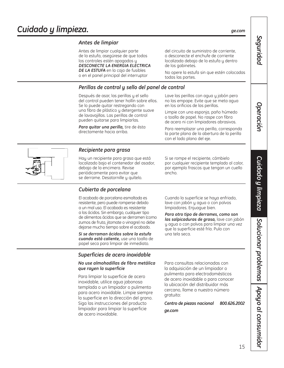 Cubierta de porcelana, Perillas de control y sello del panel de control, Recipiente para grasa | Superficies de acero inoxidable, Cuidado y limpieza | Hotpoint VBXR1060 User Manual | Page 55 / 80