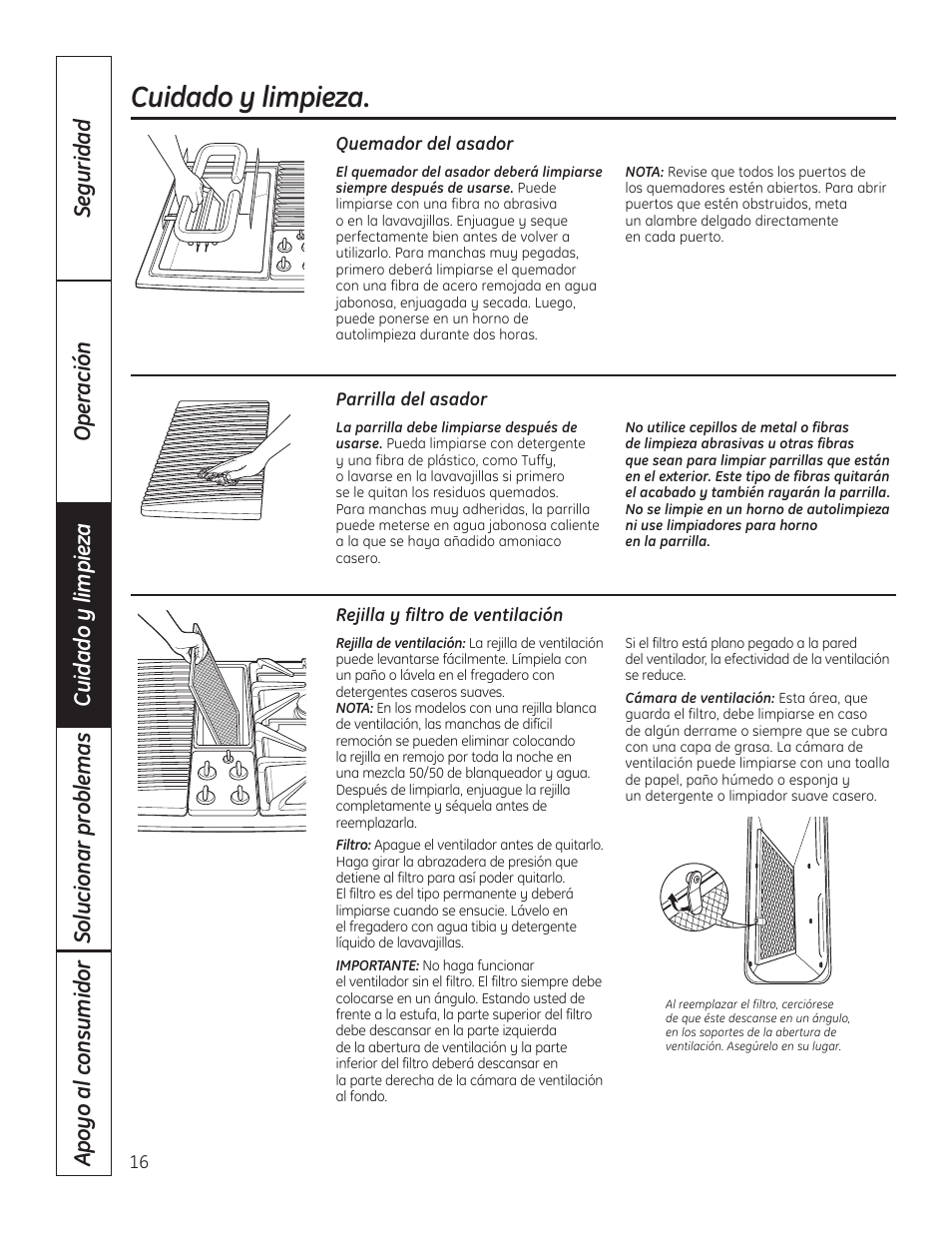 Parrilla del asador, Quemador del asador, Rejilla y filtro de ventilación | Cuidado y limpieza | Hotpoint VBXR1060 User Manual | Page 56 / 80