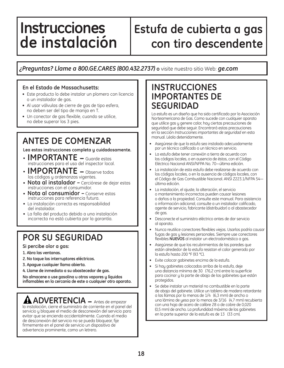 Instrucciones de instalación, Instrucciones, De instalación | Estufa de cubierta a gas, Con tiro descendente, Instrucciones importantes de seguridad, Por su seguridad, Antes de comenzar, Importante, Advertencia | Hotpoint VBXR1060 User Manual | Page 58 / 80