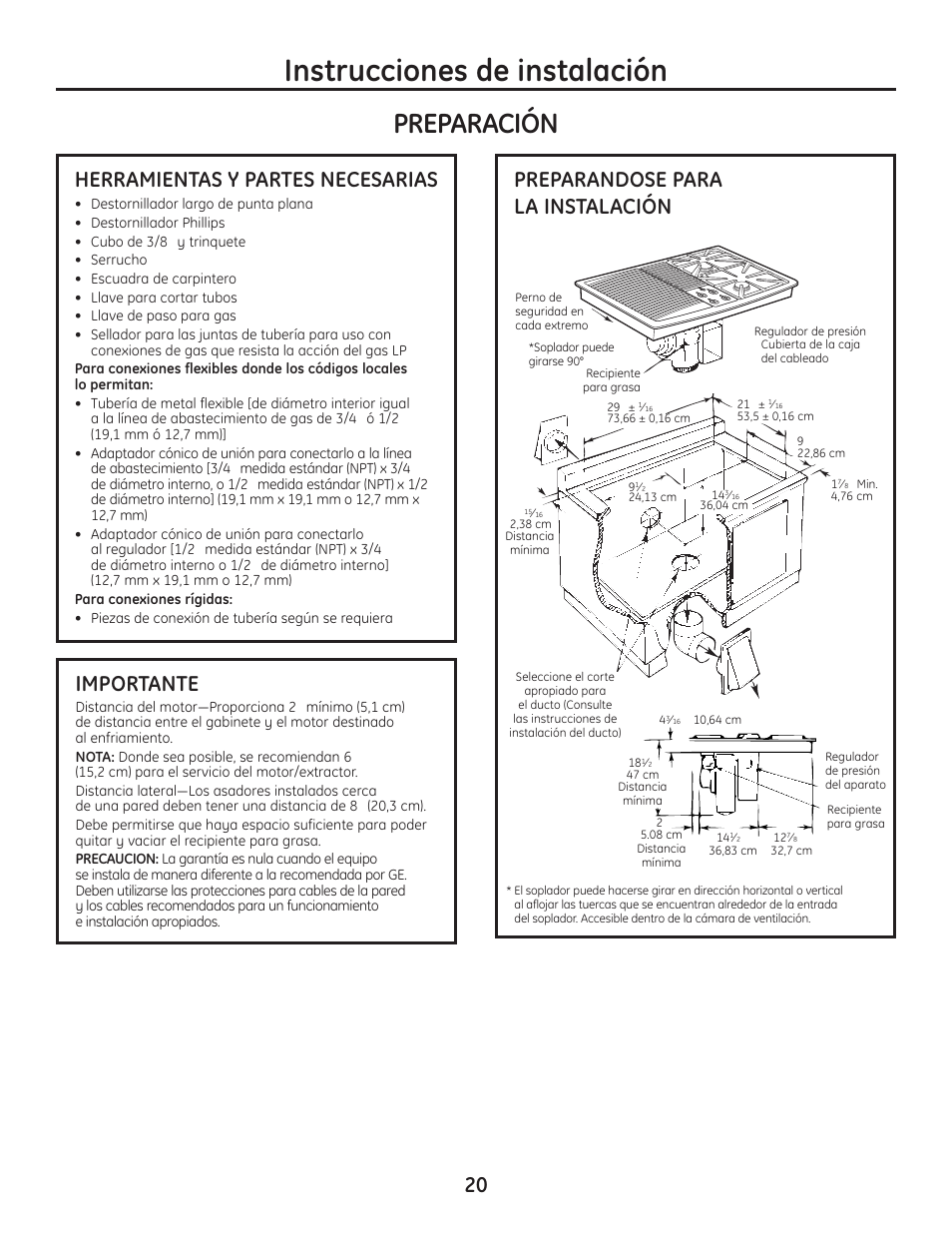 Instrucciones de instalación, Preparación, Preparandose para la instalación | Herramientas y partes necesarias, Importante | Hotpoint VBXR1060 User Manual | Page 60 / 80