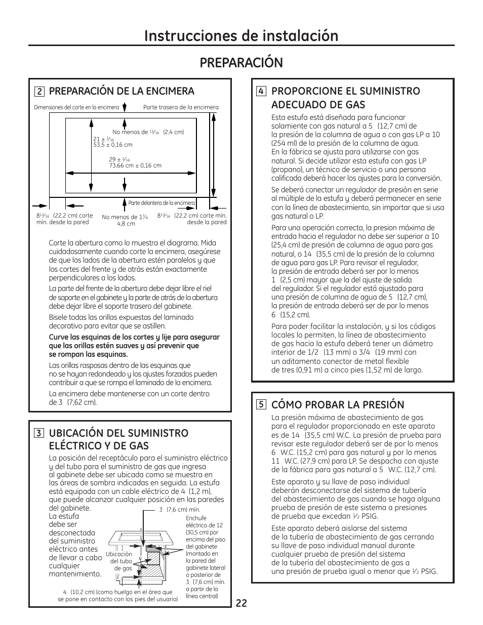Instrucciones de instalación, Preparación, Ubicación del suministro eléctrico y de gas | Preparación de la encimera, Proporcione el suministro adecuado de gas, Cómo probar la presión | Hotpoint VBXR1060 User Manual | Page 62 / 80