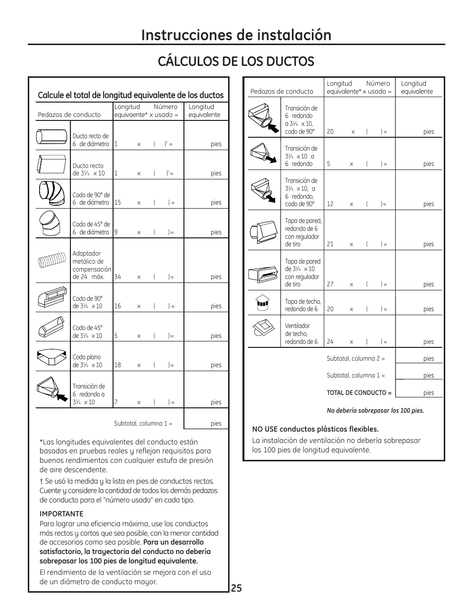 Instrucciones de instalación, Cálculos de los ductos | Hotpoint VBXR1060 User Manual | Page 65 / 80