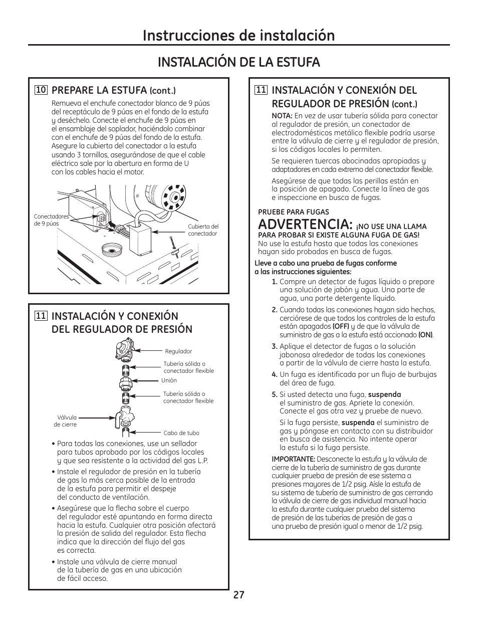 Instrucciones de instalación, Advertencia, Instalación de la estufa | Prepare la estufa, Instalación y conexión del regulador de presión | Hotpoint VBXR1060 User Manual | Page 67 / 80