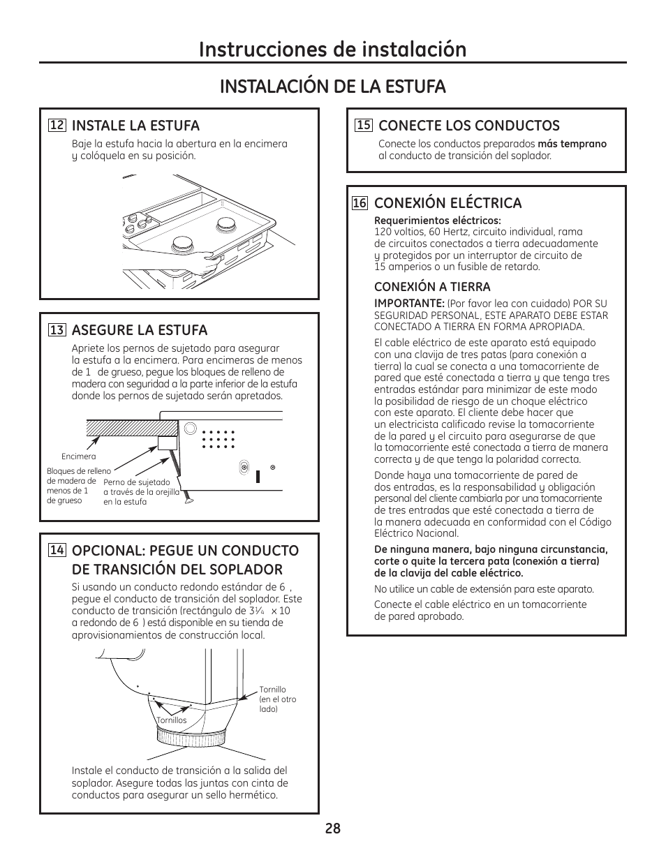 Instrucciones de instalación, Instalación de la estufa, Conexión eléctrica | Instale la estufa, Asegure la estufa, Conecte los conductos | Hotpoint VBXR1060 User Manual | Page 68 / 80