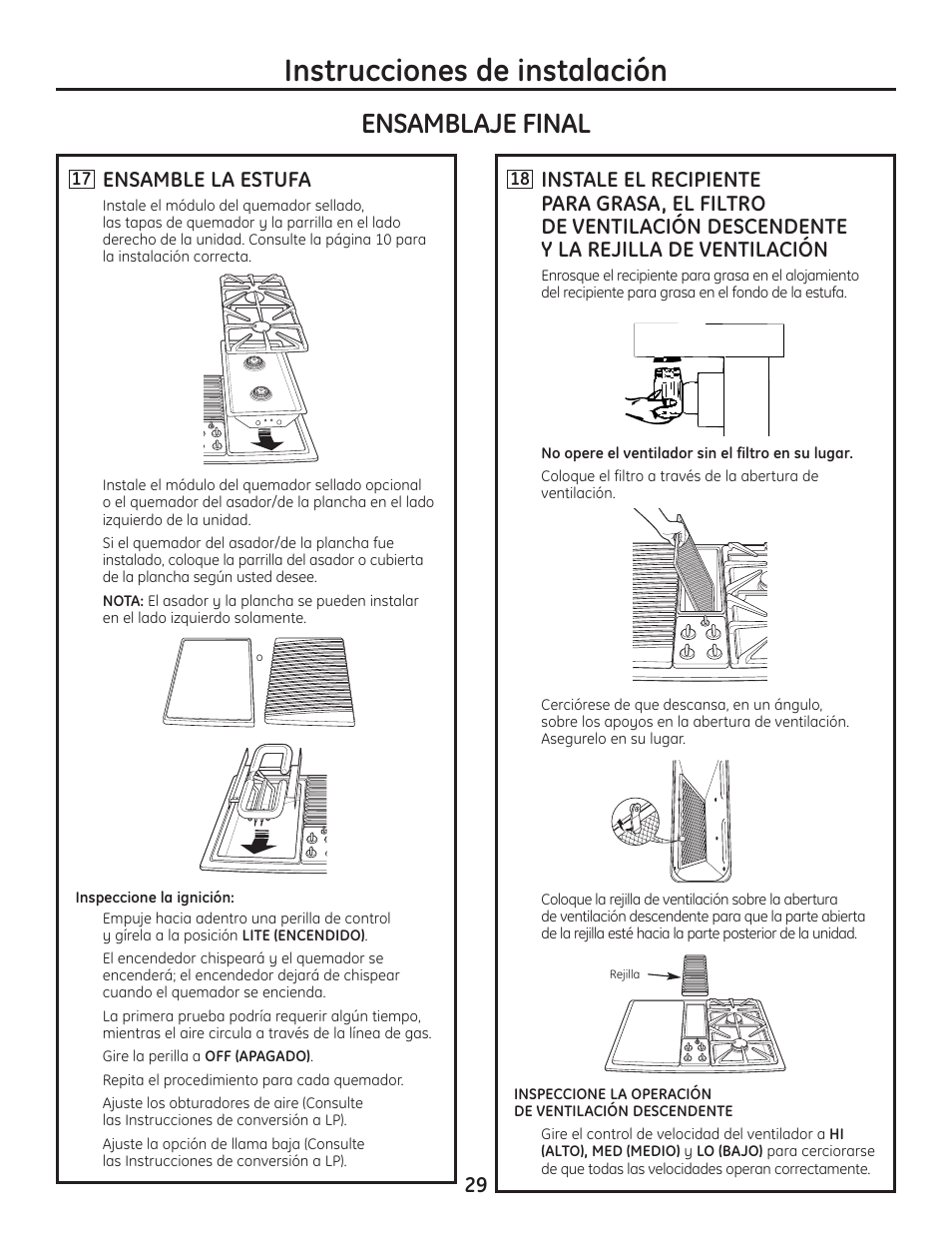 Instrucciones de instalación, Ensamblaje final, Ensamble la estufa | Hotpoint VBXR1060 User Manual | Page 69 / 80