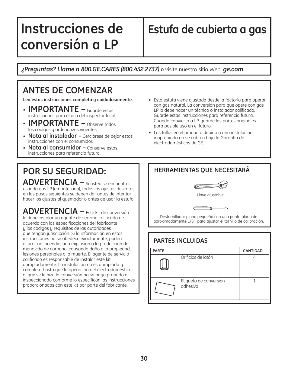 Conversión para uso con gas lp, Instrucciones de, Conversión a lp | Estufa de cubierta a gas, Antes de comenzar, Por su seguridad, Importante, Advertencia | Hotpoint VBXR1060 User Manual | Page 70 / 80