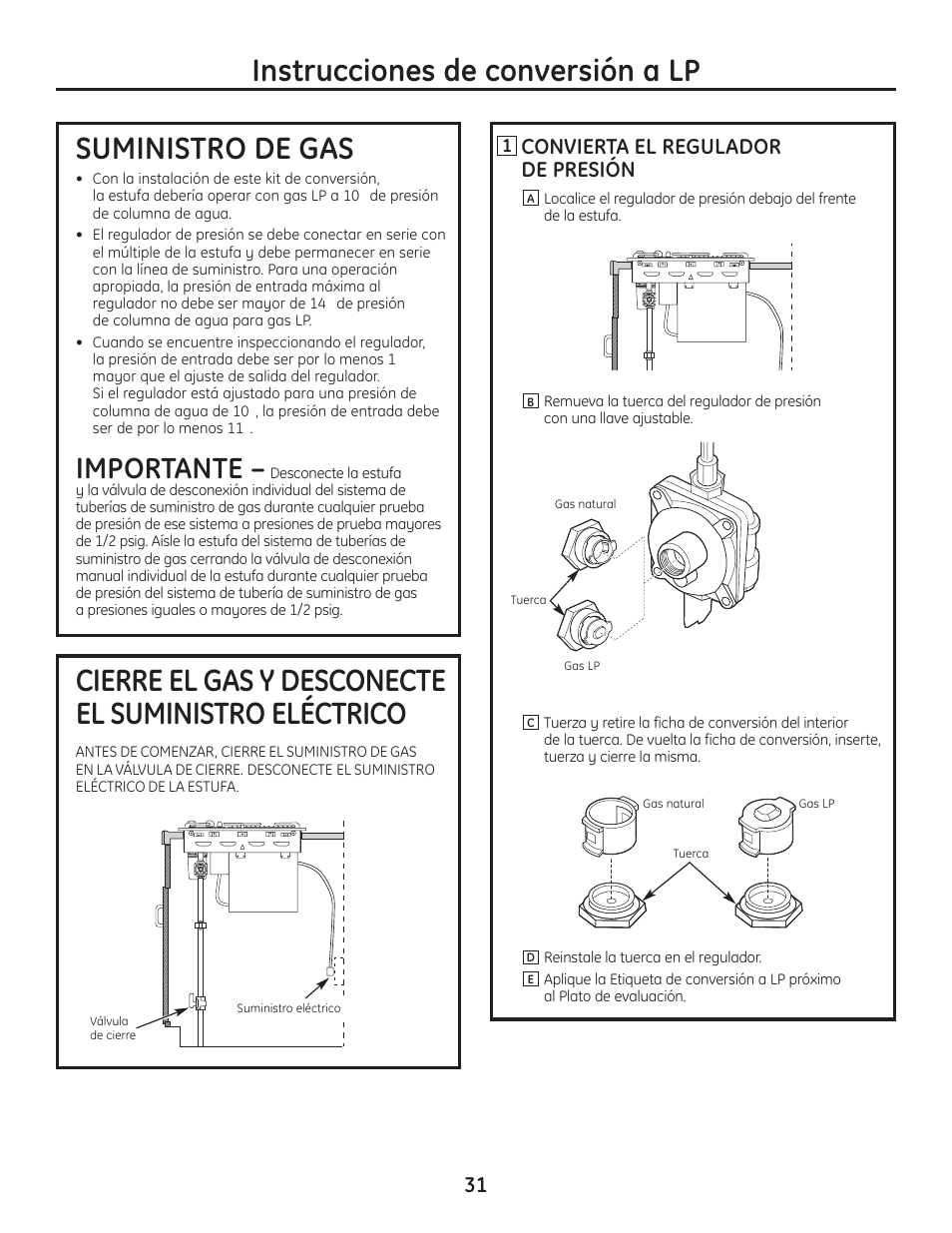 Instrucciones de conversión a lp, Suministro de gas, Cierre el gas y desconecte el suministro eléctrico | Importante, Convierta el regulador de presión | Hotpoint VBXR1060 User Manual | Page 71 / 80