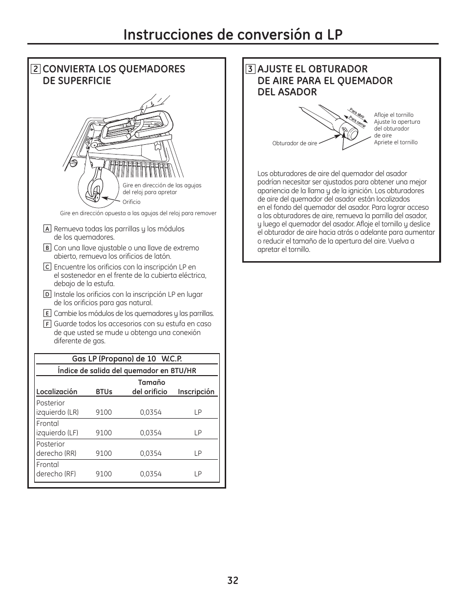 Instrucciones de conversión a lp, Convierta los quemadores de superficie | Hotpoint VBXR1060 User Manual | Page 72 / 80