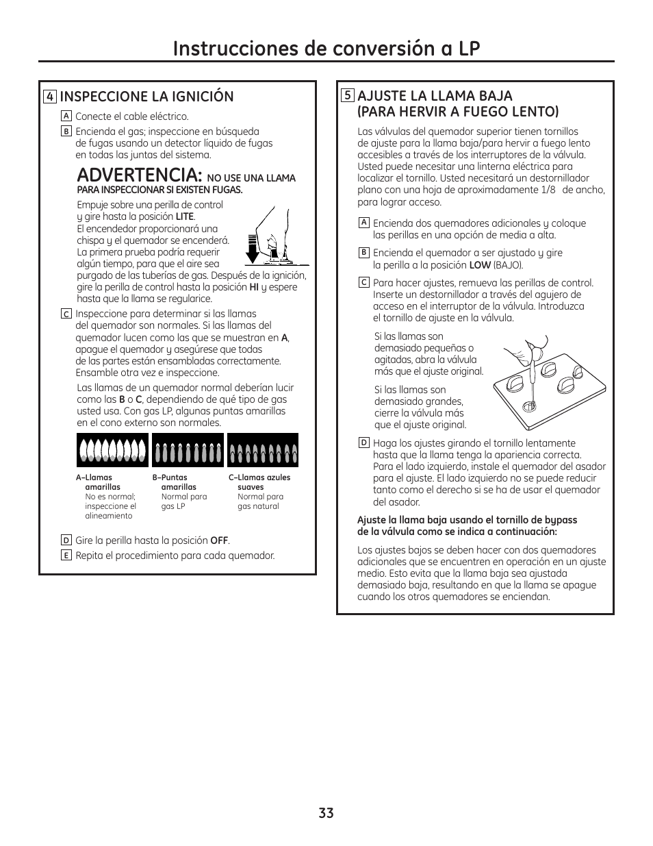 Instrucciones de conversión a lp, Advertencia, Inspeccione la ignición | Ajuste la llama baja (para hervir a fuego lento) | Hotpoint VBXR1060 User Manual | Page 73 / 80