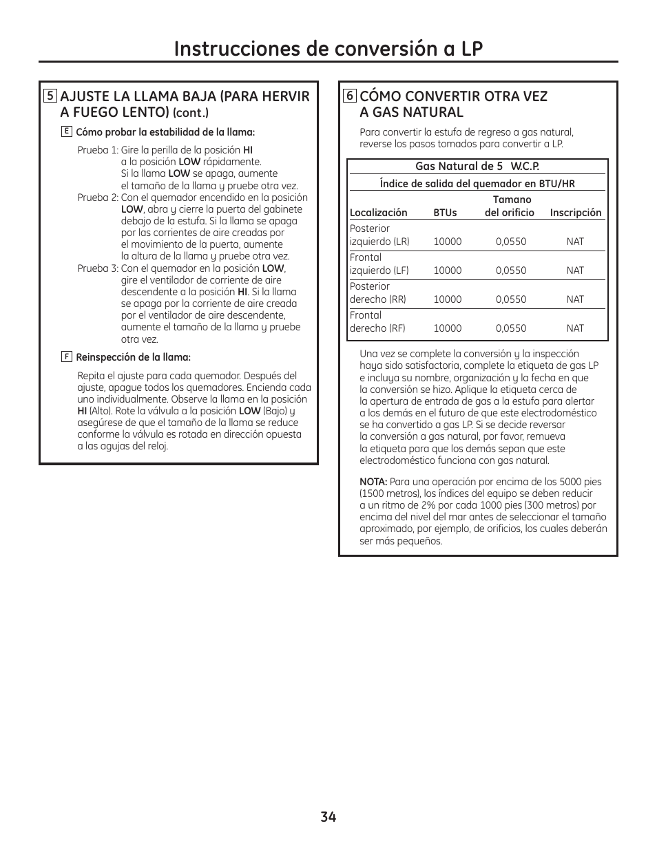 Instrucciones de conversión a lp, Cómo convertir otra vez a gas natural, Ajuste la llama baja (para hervir a fuego lento) | Hotpoint VBXR1060 User Manual | Page 74 / 80