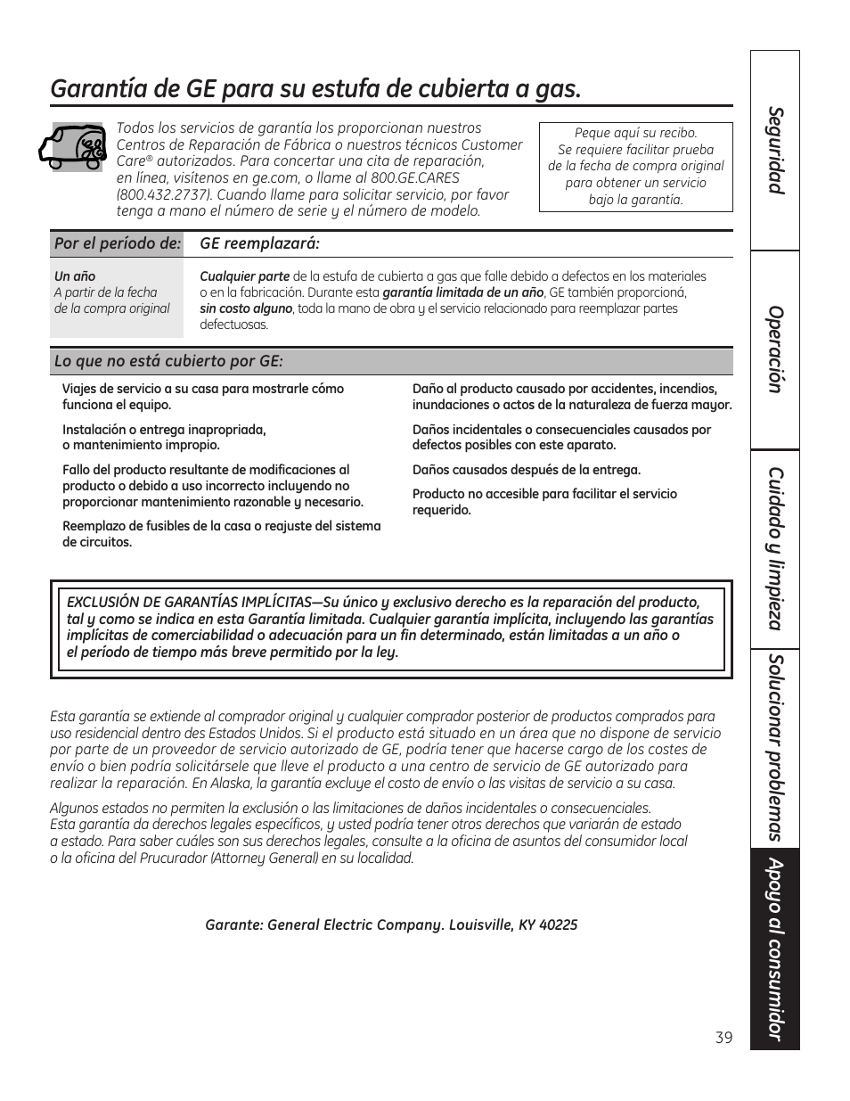 Garantía, Garantía de ge para su estufa de cubierta a gas | Hotpoint VBXR1060 User Manual | Page 79 / 80