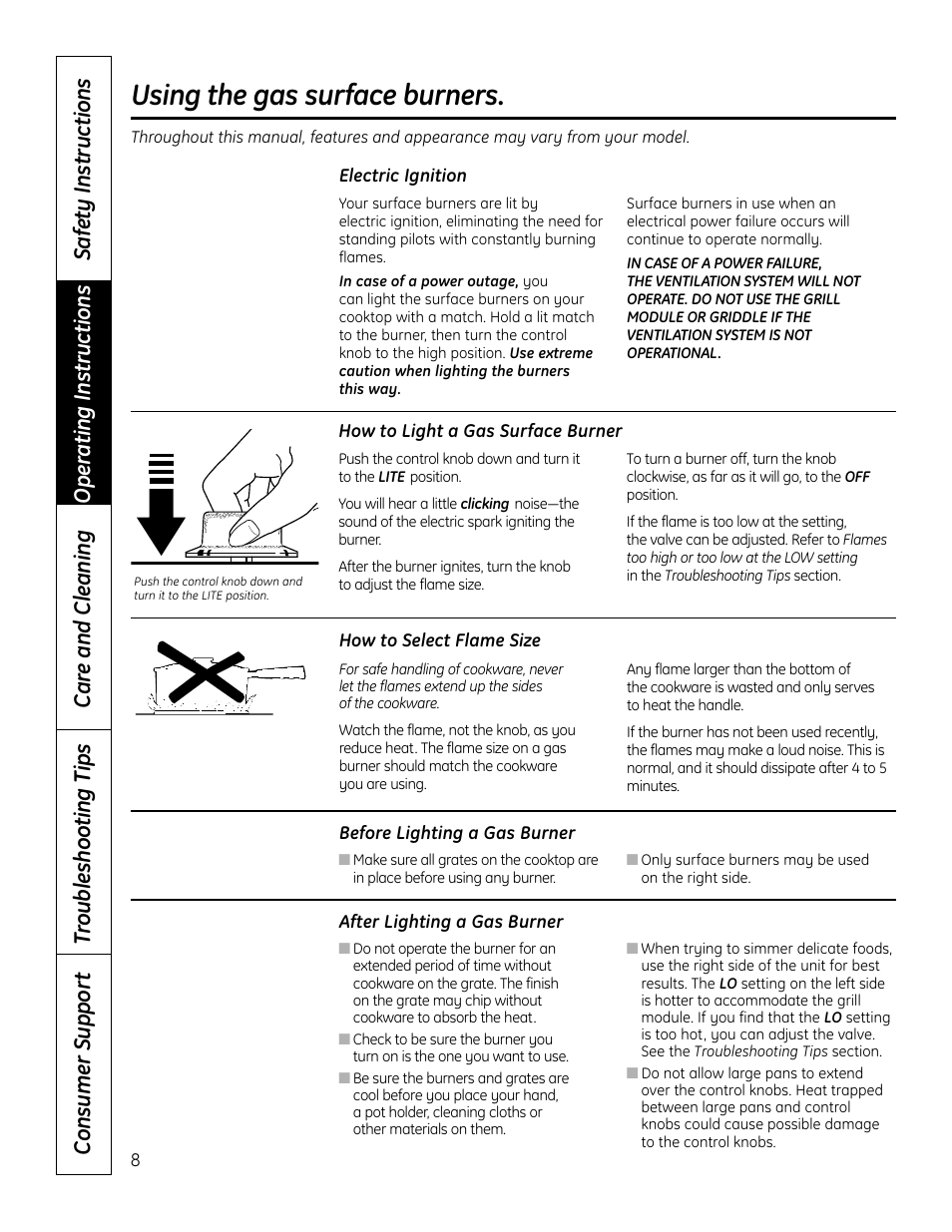 Controls, Electric ignition, Controls , 9 | Using the gas surface burners | Hotpoint VBXR1060 User Manual | Page 8 / 80