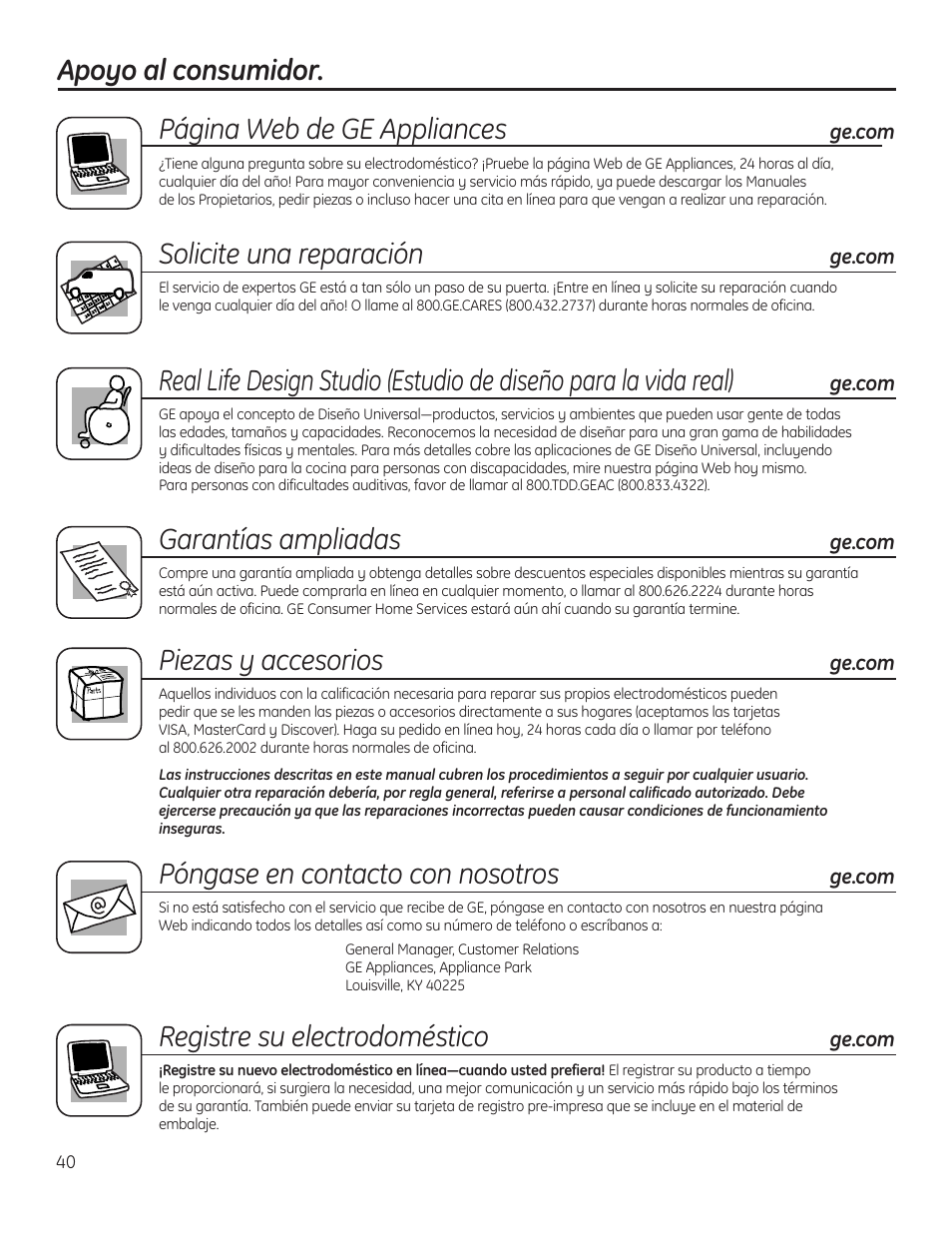 Apoyo al consumidor, Apoyo al consumidor. página web de ge appliances, Solicite una reparación | Garantías ampliadas, Piezas y accesorios, Póngase en contacto con nosotros, Registre su electrodoméstico | Hotpoint VBXR1060 User Manual | Page 80 / 80