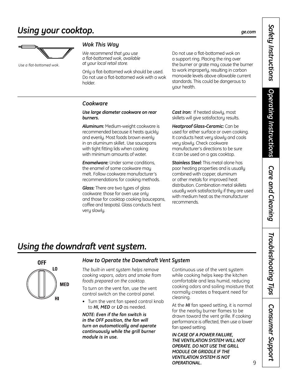 Cookware, Using your cooktop, Using the downdraft vent system | Hotpoint VBXR1060 User Manual | Page 9 / 80
