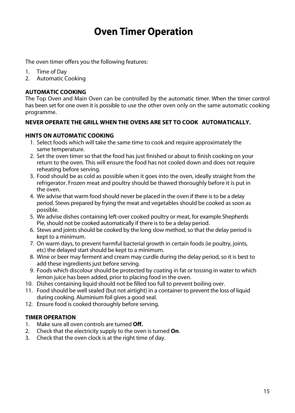 Oven timer operation | Hotpoint H250E User Manual | Page 15 / 32