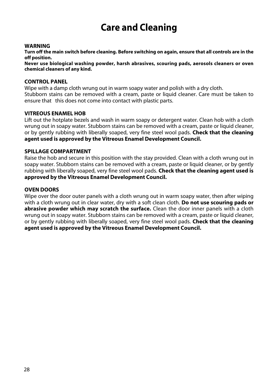 Care and cleaning | Hotpoint H250E User Manual | Page 28 / 32