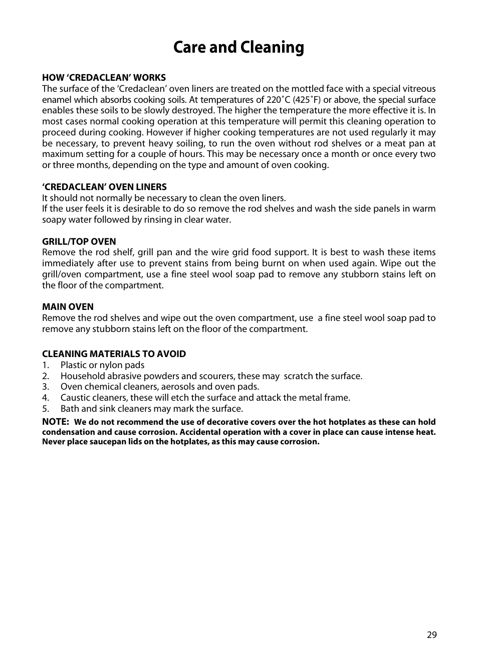 Care and cleaning | Hotpoint H250E User Manual | Page 29 / 32