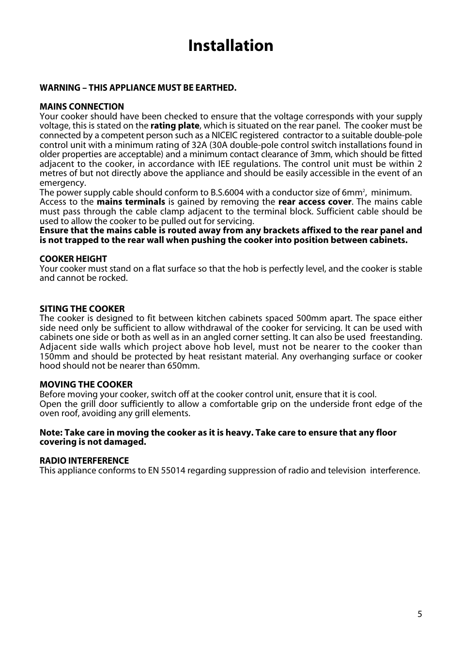 Installation | Hotpoint H250E User Manual | Page 5 / 32