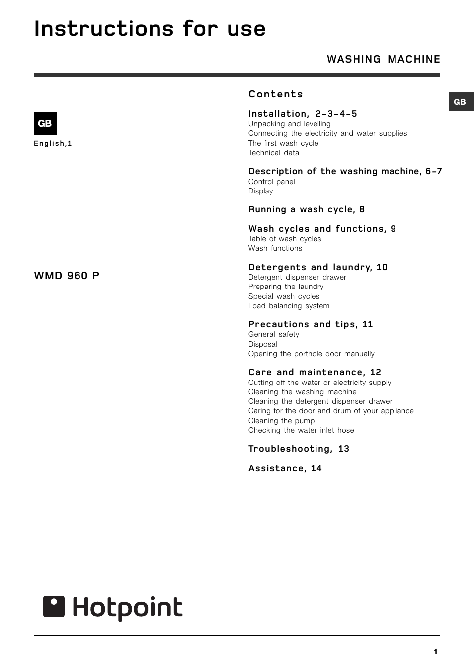 Hotpoint WMD960P User Manual | 16 pages